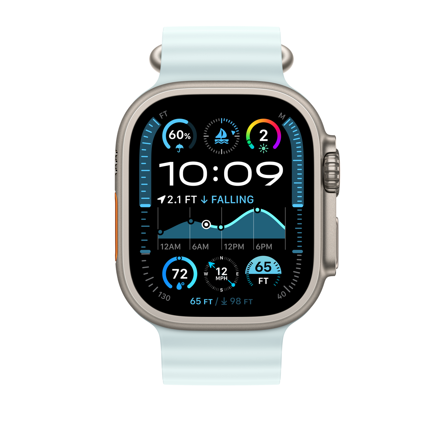 Podaljšek za Apple pašček Ocean Band v ledeno modri barvi za Apple Watch velikosti 49 mm - obdelava v barvi naravnega titana - iSTYLE SI