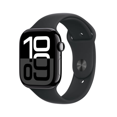 Apple Watch Series 10: GPS + Cellular, 46 mm, ohišje iz aluminija v intenzivno črni barvi, pašček Sport Band v črni barvi - M/L