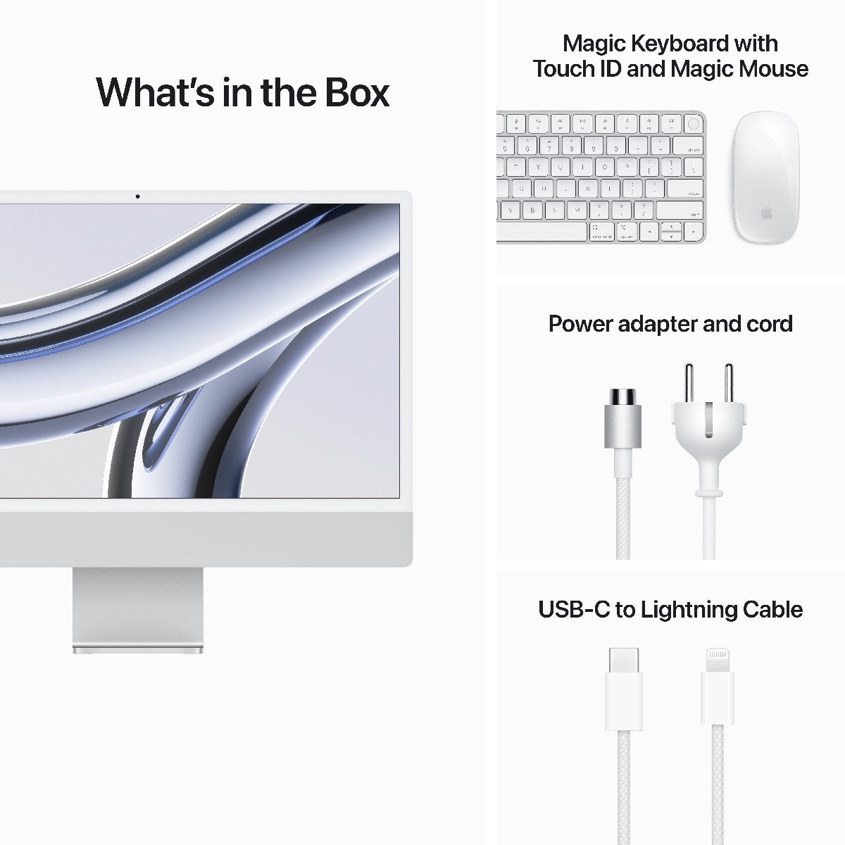 iMac 24 z zaslonom Retina 4,5K: M3 z 8-jedrno CPE in 8-jedrno GPE, 8 GB, 256 GB SSD, International English tipkovnica - srebrn - iSTYLE SI