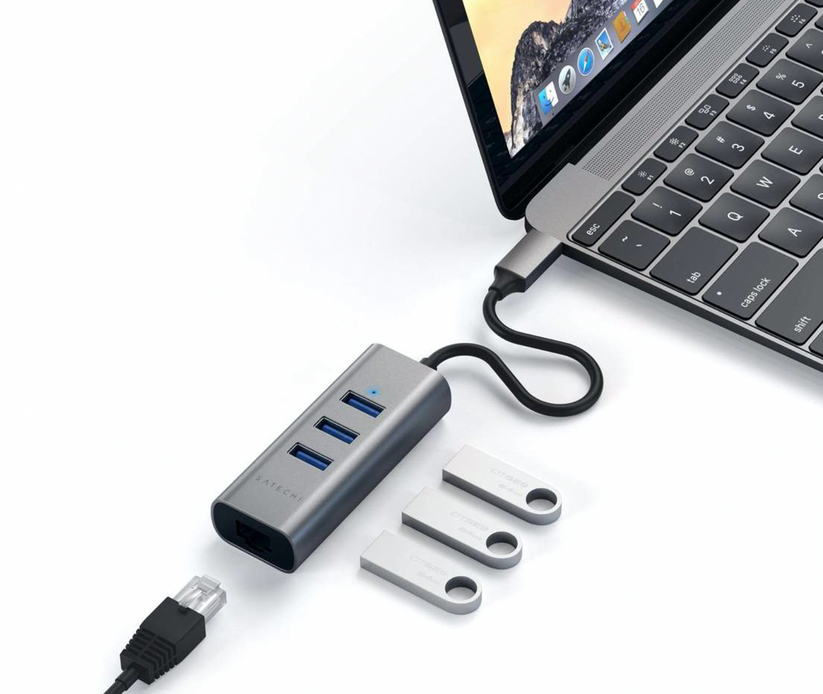 Satechi USB-C 2-v-1 USB-A Hub & Ethernet - vesoljno siva - iSTYLE SI