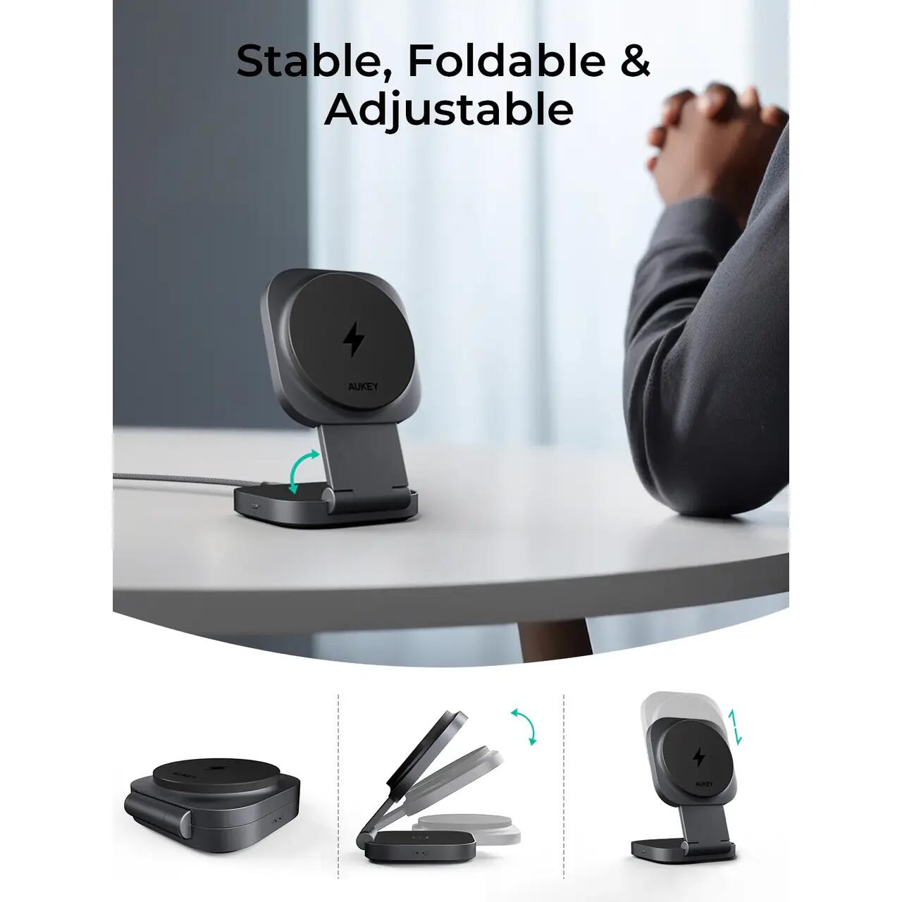 AUKEY MagFusion L 2-in-1 Foldable Qi2 Magnetic Fast Wireless Charging Station