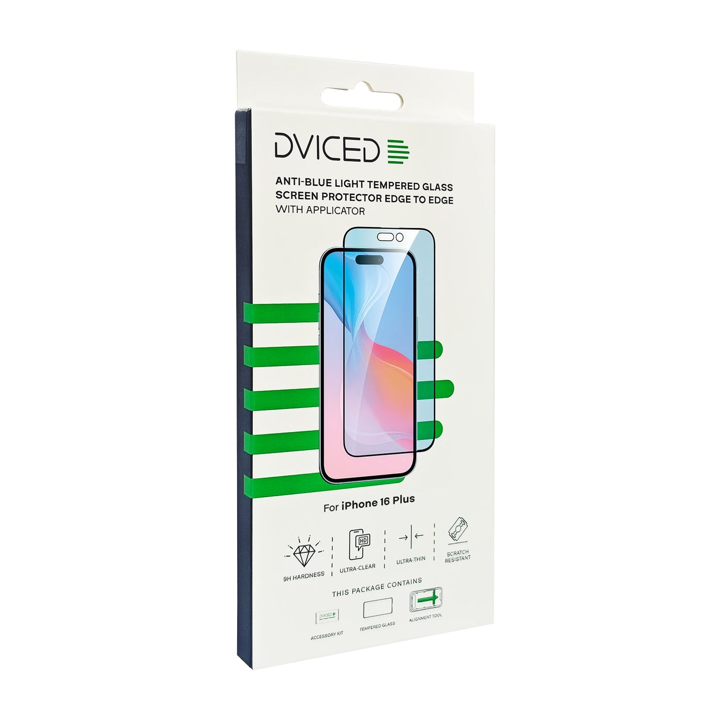 Dviced kaljeno zaščitno steklo proti modri svetlobi od roba do roba za iPhone 16 Plus z aplikatorjem