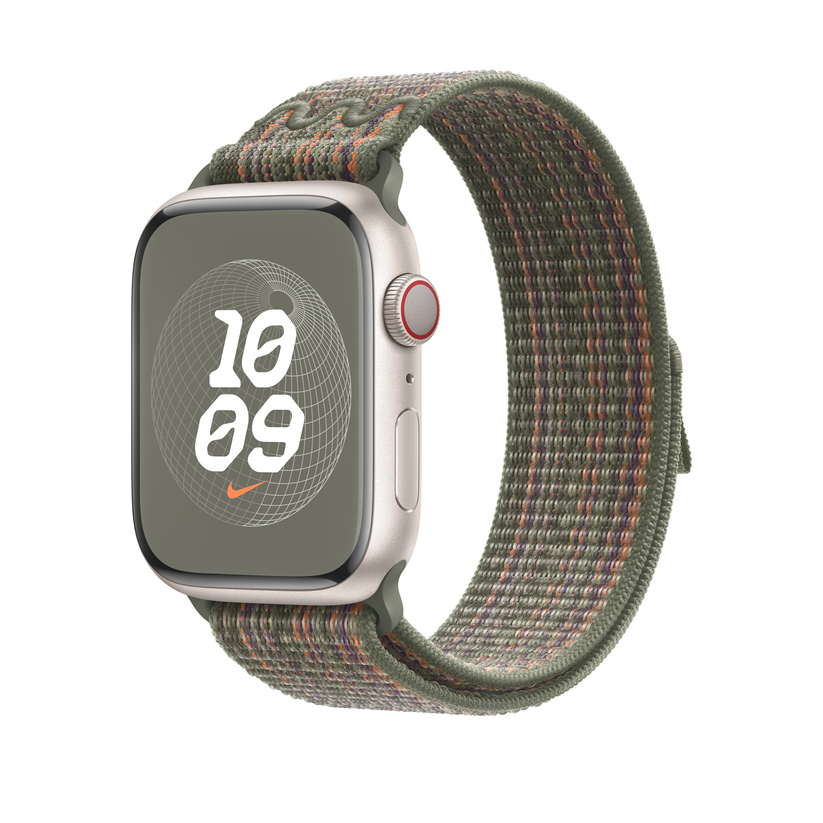 Apple pašček Nike Sport Loop v sekvoja zeleni/oranžni barvi za Apple Watch velikosti 45 mm - iSTYLE SI