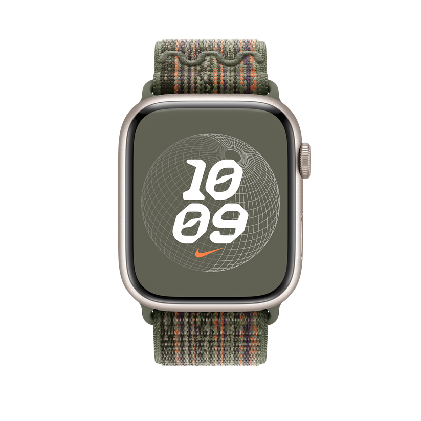 Apple pašček Nike Sport Loop v sekvoja zeleni/oranžni barvi za Apple Watch velikosti 45 mm - iSTYLE SI