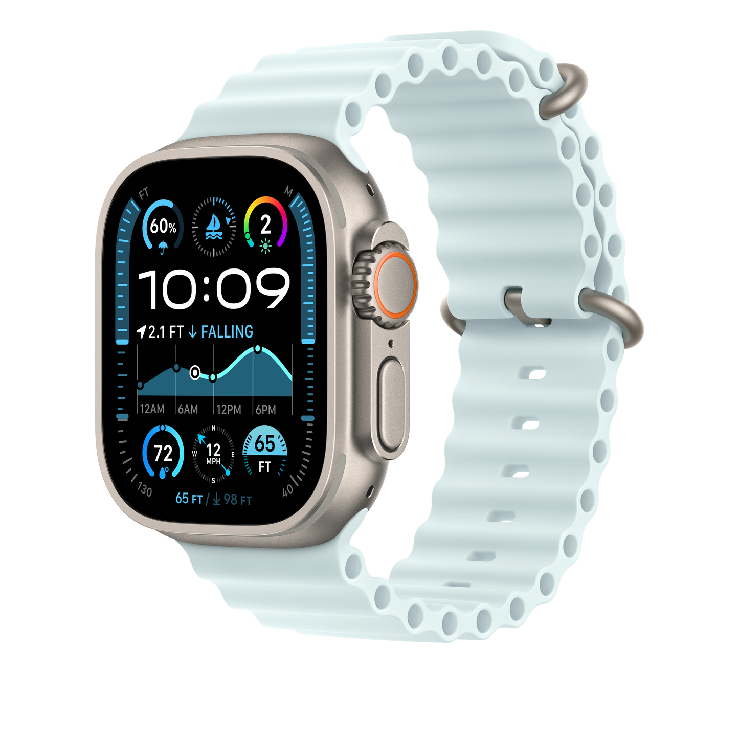 Podaljšek za Apple pašček Ocean Band v ledeno modri barvi za Apple Watch velikosti 49 mm - obdelava v barvi naravnega titana - iSTYLE SI