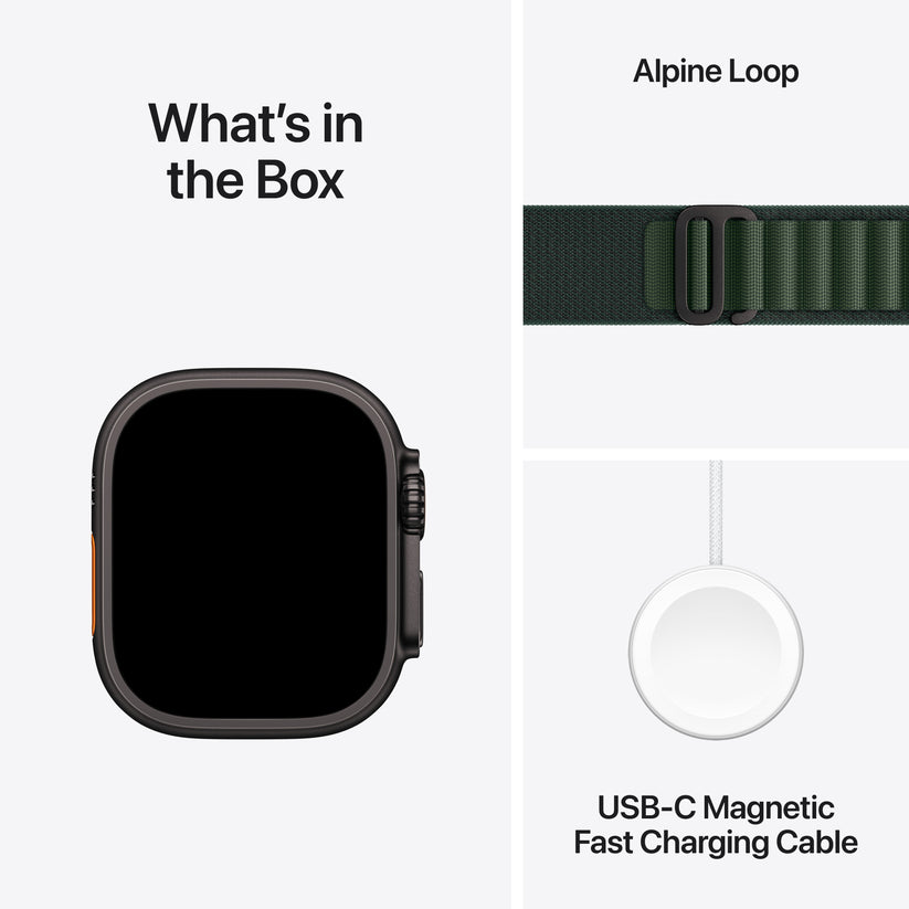 Apple Watch Ultra 2: GPS + Cellular, 49mm, ohišje iz titana v črni titan barvi, pašček Alpine Loop v temno zeleni barvi - S - iSTYLE SI