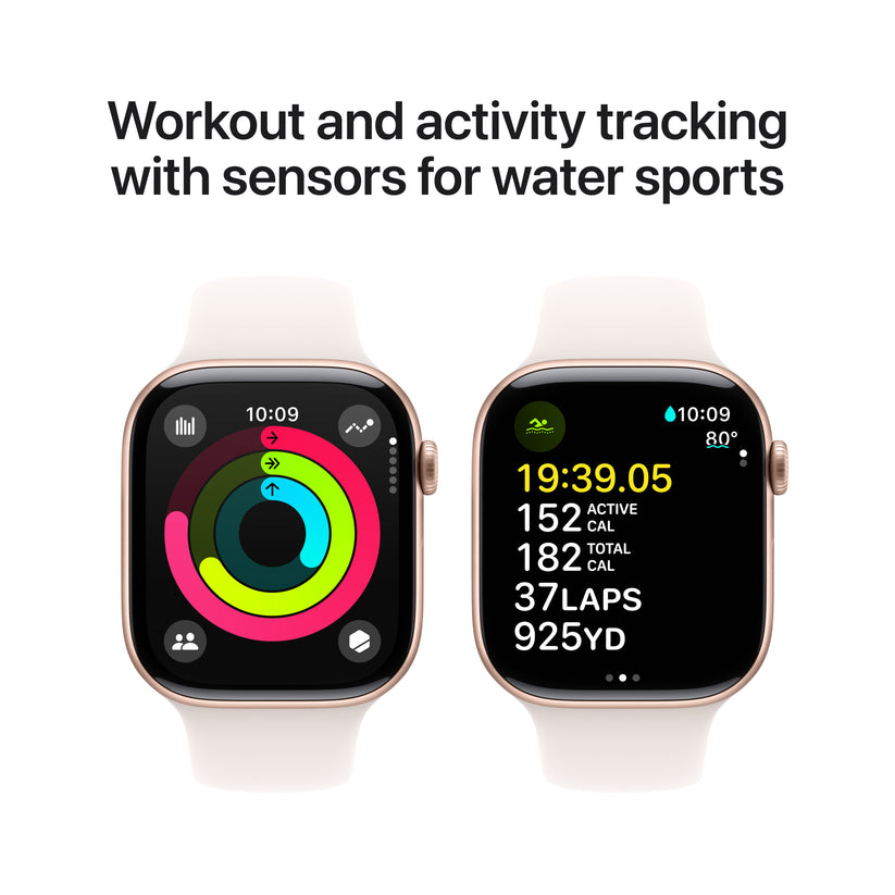 Apple Watch Series 10: GPS, 46mm, ohišje iz aluminija v rožnato zlati barvi, pašček Sport Band v barvi svetlega rdečila - S/M - iSTYLE SI