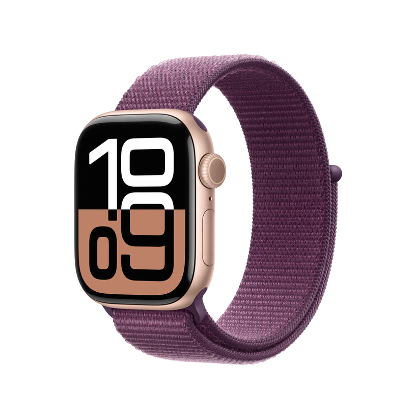 Apple Watch Series 10: GPS, 42mm, ohišje iz aluminija v rožnato zlati barvi, pašček Sport Loop v barvi slive - iSTYLE SI