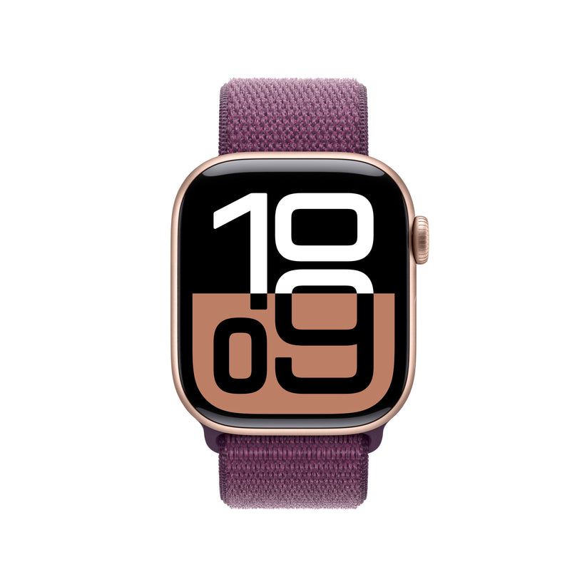 Apple Watch Series 10: GPS, 42mm, ohišje iz aluminija v rožnato zlati barvi, pašček Sport Loop v barvi slive - iSTYLE SI