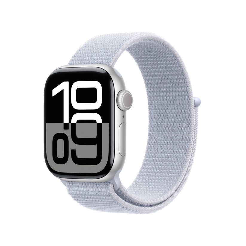 Apple Watch Series 10: GPS, 42mm, ohišje iz aluminija v srebrni barvi, pašček Sport Loop v barvi modrega oblaka - iSTYLE SI