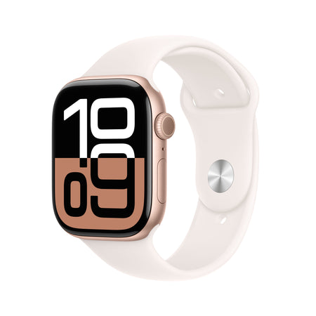 Apple Watch Series 10: GPS, 46mm, ohišje iz aluminija v rožnato zlati barvi, pašček Sport Band v barvi svetlega rdečila - M/L