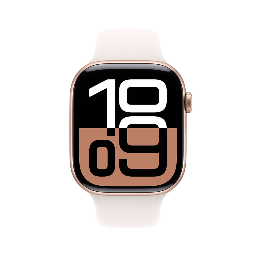 Apple Watch Series 10: GPS, 46mm, ohišje iz aluminija v rožnato zlati barvi, pašček Sport Band v barvi svetlega rdečila - M/L - iSTYLE SI