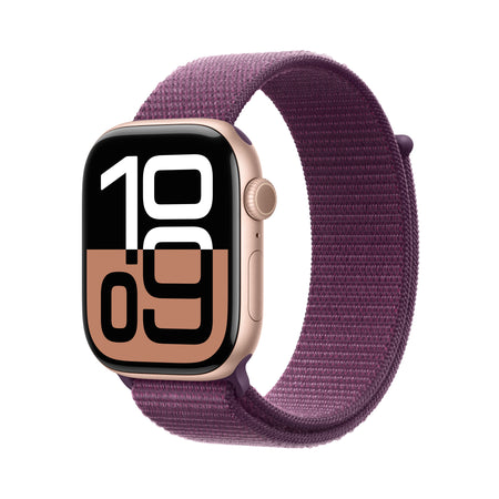Apple Watch Series 10: GPS, 46mm, ohišje iz aluminija v rožnato zlati barvi, pašček Sport Loop v barvi slive