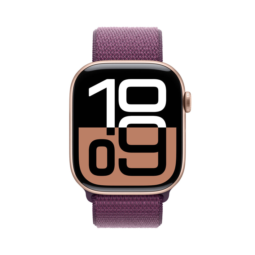 Apple Watch Series 10: GPS, 46mm, ohišje iz aluminija v rožnato zlati barvi, pašček Sport Loop v barvi slive - iSTYLE SI