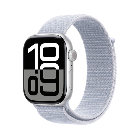 Apple Watch Series 10: GPS, 46mm, ohišje iz aluminija v srebrni barvi, pašček Sport Loop v barvi modrega oblaka