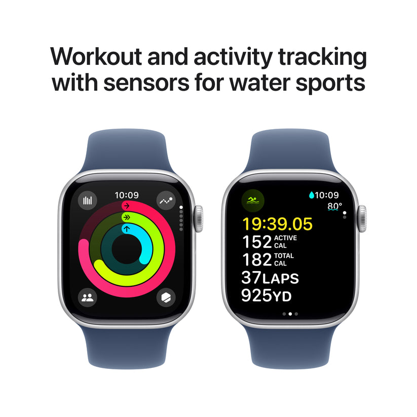 Apple Watch Series 10: GPS, 42mm, ohišje iz aluminija v srebrni barvi, pašček Sport Band v denim barvi - S/M - iSTYLE SI