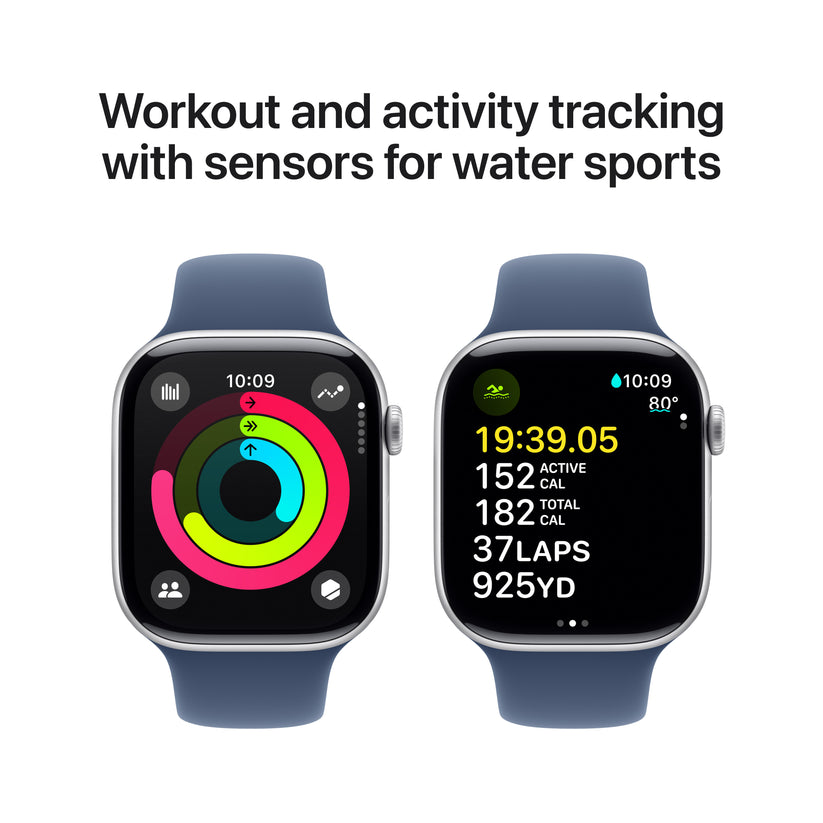 Apple Watch Series 10: GPS, 46mm, ohišje iz aluminija v srebrni barvi, pašček Sport Band v denim barvi - S/M - iSTYLE SI