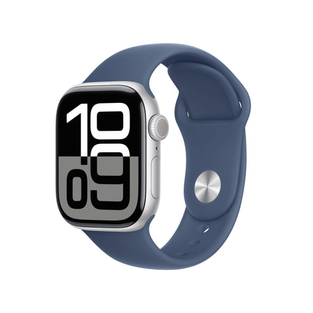 Apple Watch Series 10: GPS, 42mm, ohišje iz aluminija v srebrni barvi, pašček Sport Band v denim barvi - S/M