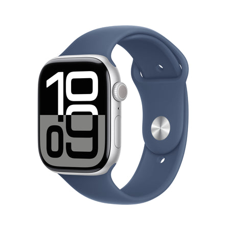 Apple Watch Series 10: GPS, 46mm, ohišje iz aluminija v srebrni barvi, pašček Sport Band v denim barvi - S/M