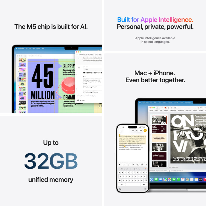 MacBook Air 15 CTO: Čip Apple M5 z 10-jedrno CPE in 10-jedrno GPE, 32 GB RAM, 1 TB SSD, Slovenski - Srebrna
