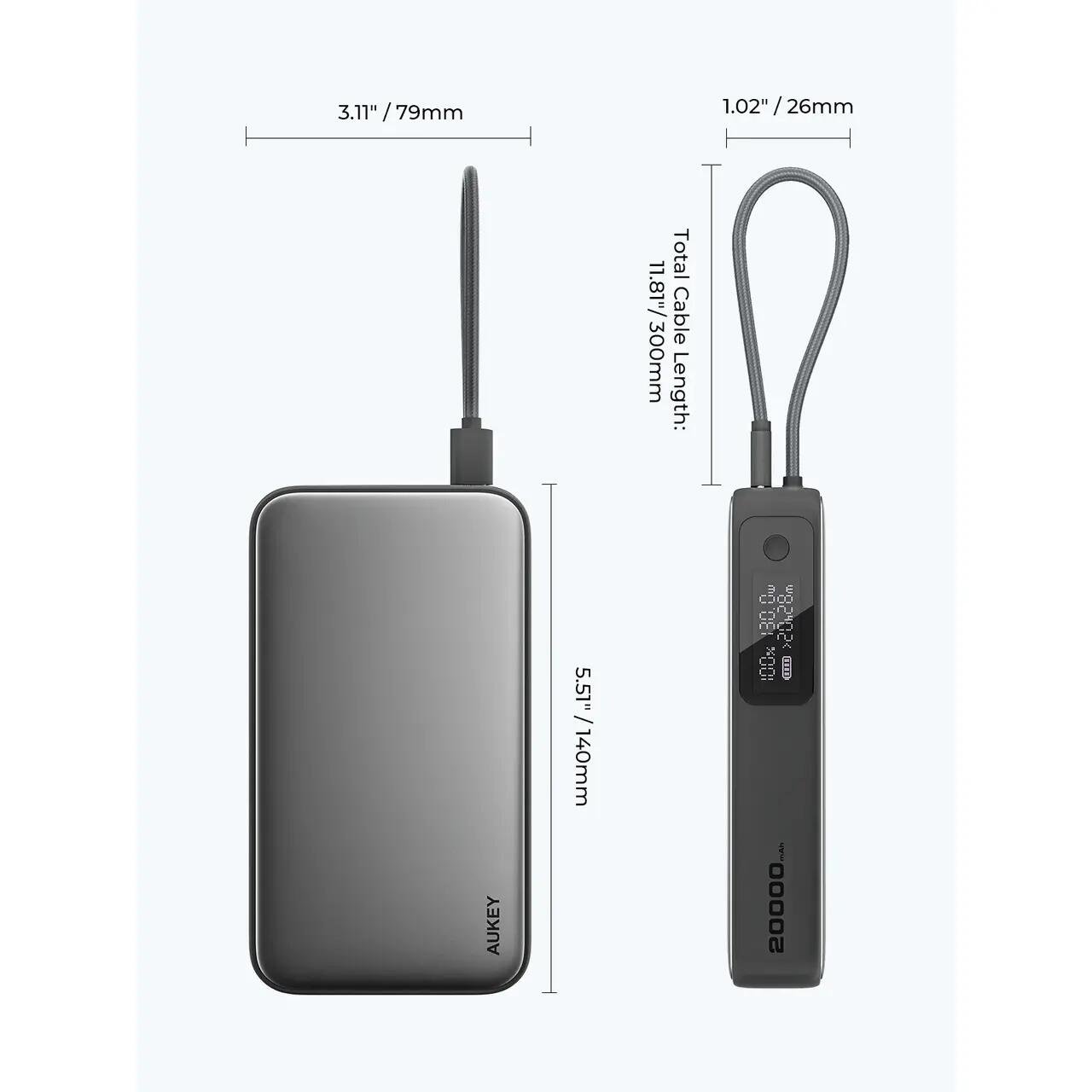 AUKEY Spark Sling 20000 Compact Fast Charging Power Bank z vgrajenim USB-C kablom
