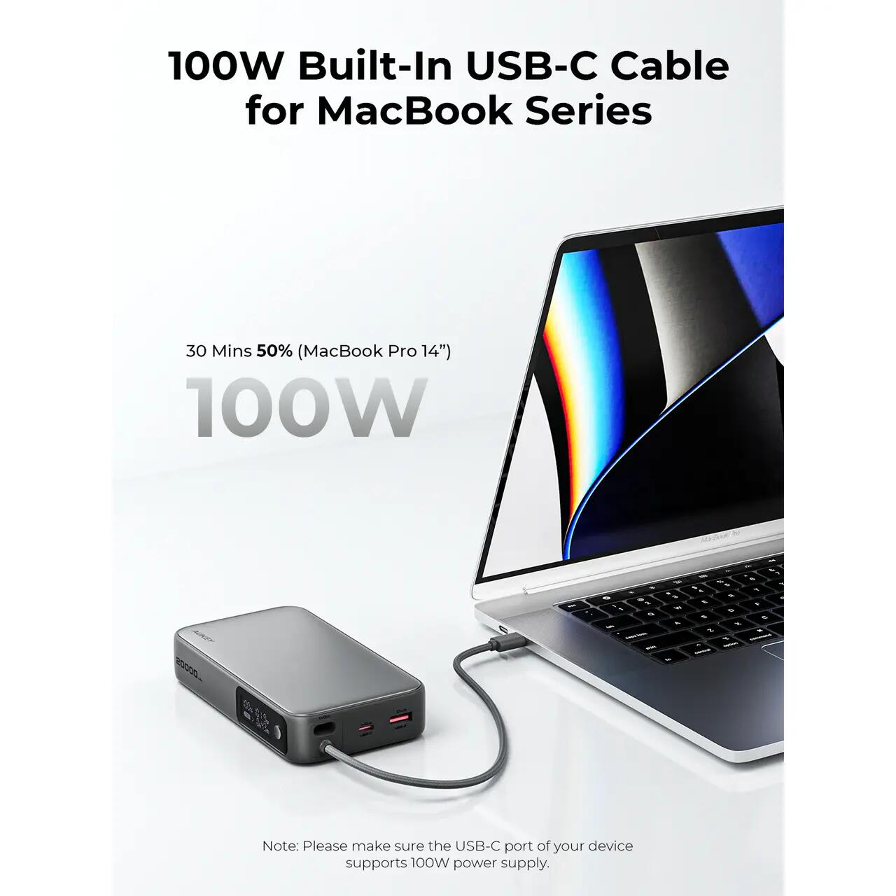 AUKEY Spark Sling 20000 Compact Fast Charging Power Bank z vgrajenim USB-C kablom