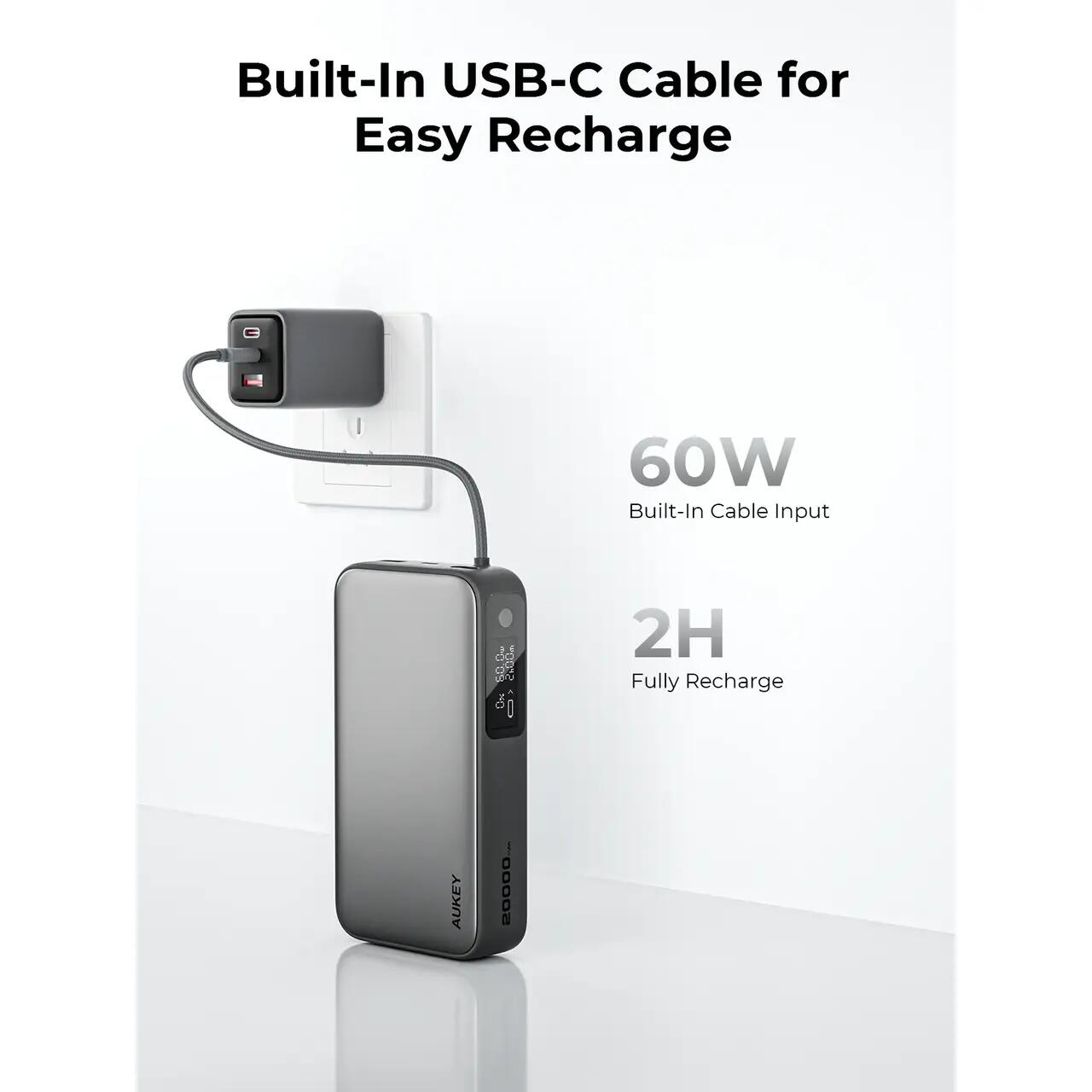 AUKEY Spark Sling 20000 Compact Fast Charging Power Bank z vgrajenim USB-C kablom