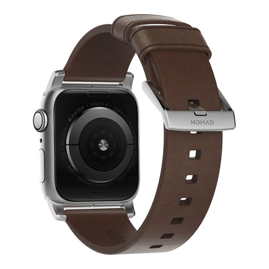 Nomad usnjeni pašček za Apple Watch 44/42 mm - rjava s srebrno zaponko - iSTYLE SI