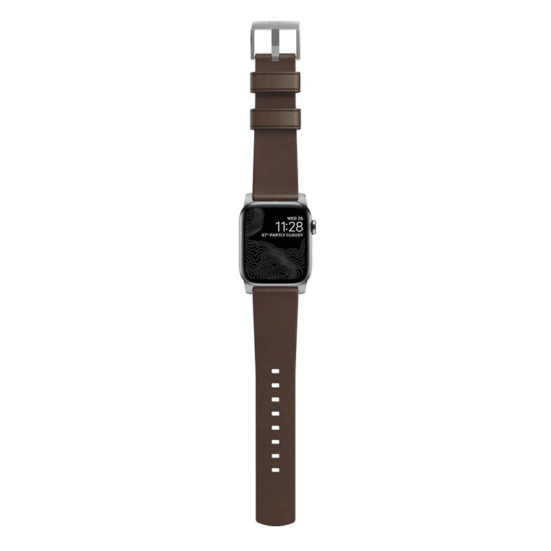 Nomad usnjeni pašček za Apple Watch 44/42 mm - rjava s srebrno zaponko - iSTYLE SI
